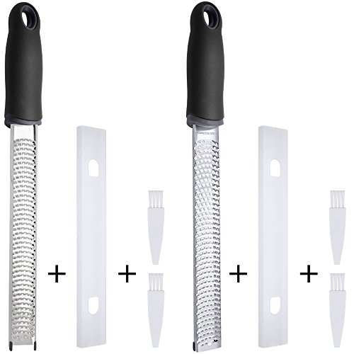 Premium Zester Grater, SourceTon 2 Pack 18/8 Stainless Steel Blade with Protective Cover and Brushes for Zesting Citrus and Grating Cheese -Soft Touch Long Ergonomic Handle with Rubber Base