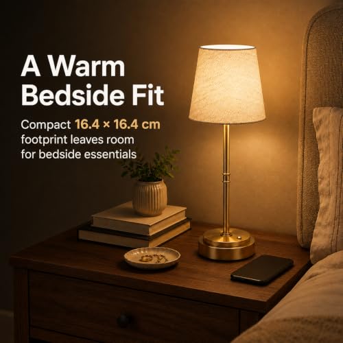 Rechargeable Table Lamp, 6000mAh Cordless Bedside Lamp, Gold, 3000K | Moves From Bedside to Side Table, 12-36H Runtime, 5%-100% Touch Dimming, Soft Linen Glow, 40.6 cm High