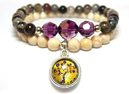 Boho Chic Gemstone Purple Swarovski Crystal Tree of Life Charm Beaded Set of 2 Bracelets