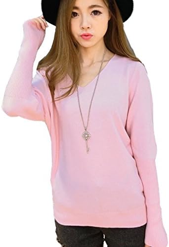 FTSUCQ Womens V Neck Pullover Long Sleeve Slim knitted Sweater Shirt Pink Knitwear,L