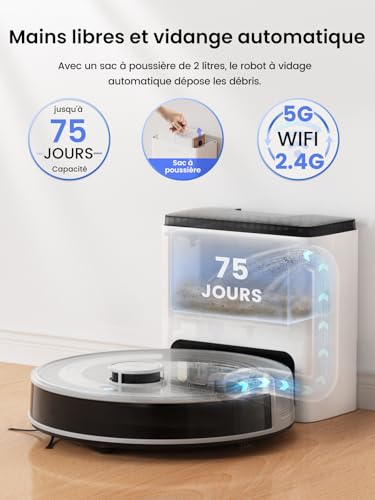 Lefant M2S Plus Robot Vacuum Cleaner with Station, 10000Pa Vacuum Cleaner, Automatic Emptying, Obstacle Avoidance, 240min, Ideal for Pet Hair Carpets Hard Floors, Connected with Alexa/App