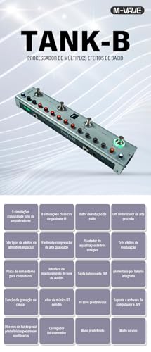 M-VAVE Pedal Multiefeitos para Baixo Profissional TANK-B com Bateria Recarregável, 36 Presets, Bluetooth, Simulador de Amplificador, IR Cab, Gravação em Celular - Efeito Portátil para Estúdio e Palco