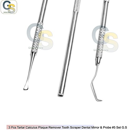3 PCS TARTAR CALCULUS PLAQUE REMOVER TOOTH SCRAPER DENTAL MIRROR & PROBE #5 SET G.S