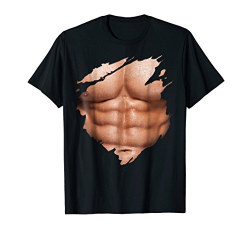 Mens Chest Six Pack Abs Muscles T-Shirt Torn Shirt BEACH BODY Medium Black