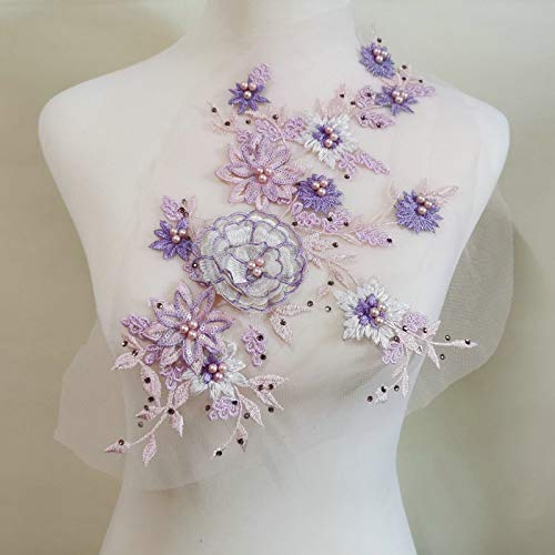 Photo 1 of 1 Pairs Three-Dimensional Flower Embroidery Lace Applique Sequins hot Drill Nail Beads Hand-Made DIY Applique Garment Decorative lace Accessories (Pink Purple)