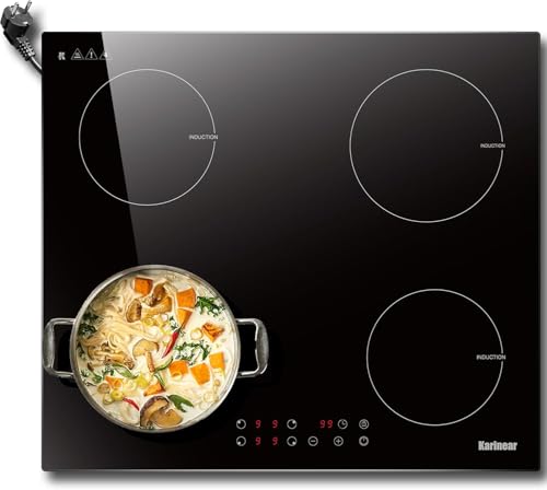 Karinear Plaque Induction 4 Feux Avec Prise, Table De Cuisson Induction 4 Feux Encastrable 60Cm, 3500W Induction 4 Foyers, Commande Tactile, Sécurité Enfant, Minuterie, Noir, 220V