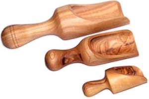 Handcrafted olive wood Salt spoons or scoops / shovels SET - 3 sizes ( 3 to 7 Inches ) - Asfour Outlet Trademark