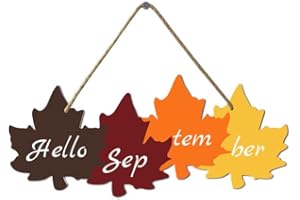 KPSheng Hello September Wooden Hanging Sign Door Hanger Rustic Maple Leaf for Home Decoration Fall Decor Sign for Living Room, Bedroom, Office,11.6In x 5.1In