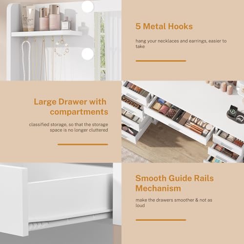 TEENFON Large Vanity Desk with 9 Drawers & Power Outlet, 6 Open Shelves and 5 Jewel Hooks, Makeup Vanity with Lighted Mirror, 3-Color LED & Adjustable Brightness, Dressing Table for Bedroom, White