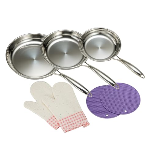 SanheKit - Set of 3 Stainless Steel Frying Pans Professional 3-Layer Pan Set, 20-25-30cm, Mirror Polished, Induction, Kitchen Pans, Frying Pans, Dishwasher Safe
