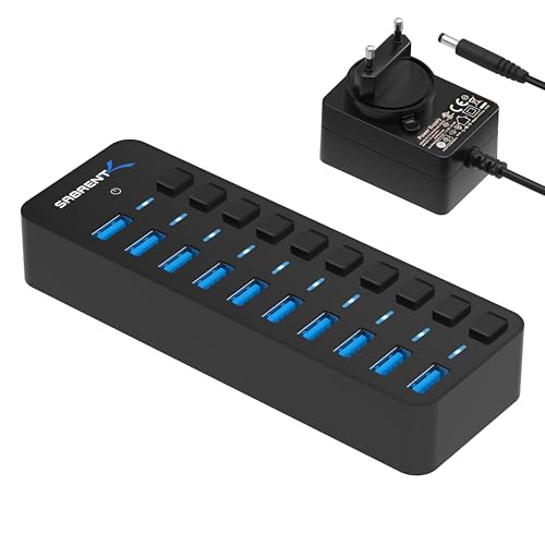 Sabrent USB Hub aktiv 3.0 mit netzteil 60W 10port, USB Adapter mehrfach Verlängerung, USB Verteiler, Powered USB hub, langes Kabel mit EIN/AUS-schalte