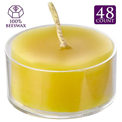 ELITE SELECTION Clear Cup Yellow Tea Light Candles - Pure Refined Bees Wax for Smokeless Burning - 4.5 Hour Long Burning Tealight Votive Candles - Bulk Candles Pack of 48 for Holiday, Home Decoration