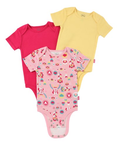 Disney Cuddly Bodysuit with Grow an Inch Snaps, Minnie Mouse "Floral Rainbow" 3 Pack, Pink/Yellow/Fuschia, 0-3 Months