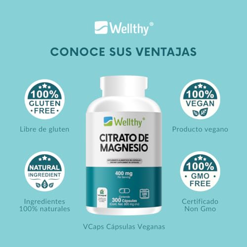Wellthy Citrato de Magnesio Premium 300 Cápsulas 400mg. 100% Natural, Cápsulas Veganas, 100 Días de Consumo.