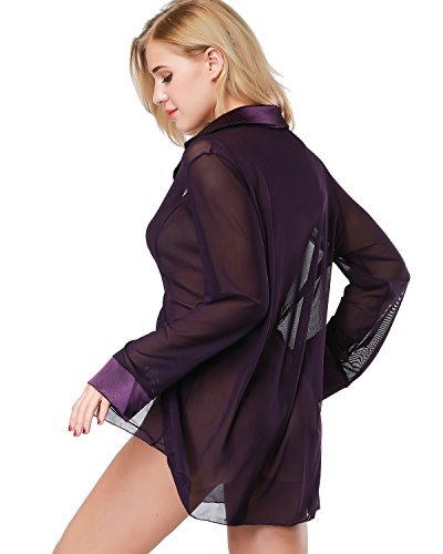 ETAOLINE Women's Sexy Sheer Sleepshirt Pajamas Long Sleeve Mesh Blouse Lingerie Purple - Thumbnail 6