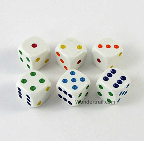White Opaque Dice with Multi Color Pips D6 16mm (5/8in) Rounded Corners Pack of 6 Dice Koplow Games WKP10886E6