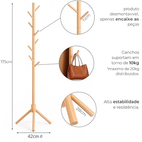 Cabideiro de Chão em Madeira 175 cm de Altura 8 Ganchos Mancebo Cabideiro Arara de Madeira Polida Ecológica e Vertical Desmontável e Leve Ideal para Pendurar Roupas e Acessórios Premium