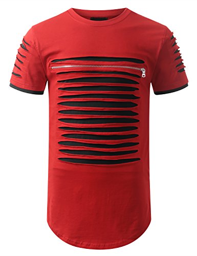 URBANCREWS Mens Hipster Hip Hop Ripped Zipper Crewneck T-shirt REDBLK XLARGE