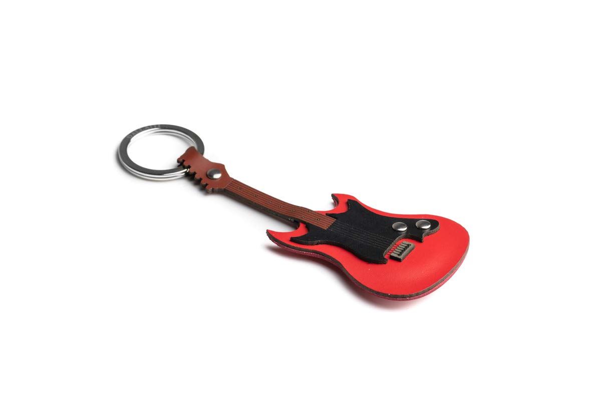 Dallaiti Design Keyring Electric Guitar in Pigmented Leather and Waxed Wire with Metal Ring Keyring, 14 cm, Red
