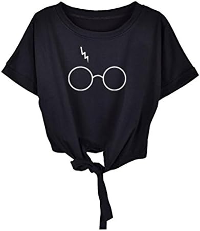 Quistal Women Teen Girls Cute Glasses Print Tie Knot Front Tees Crop Top Summer T-Shirt Blouse