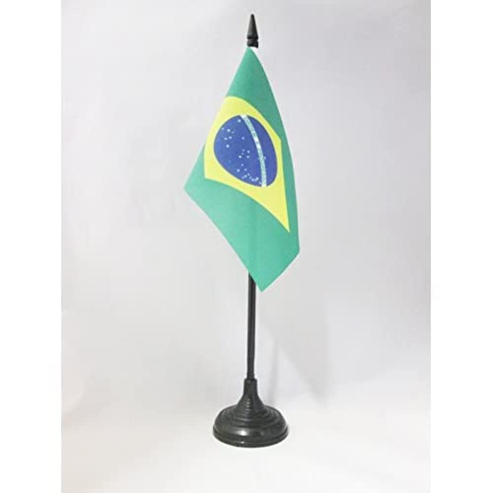 AZ FLAG - Brazil Table Flag 4'' x 6'' - Brazilian Office Mini Banner 100% Polyester 15 x 10 cm - Mini Desk Flag with 10'' Pole and Black Plastic Base — image 1