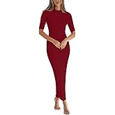 REVETRO Women's Spring Midi Bodycon Dresses Fall 3/4 Long Sleeve Crewneck Ribbed Knit Fitted Casual Dress