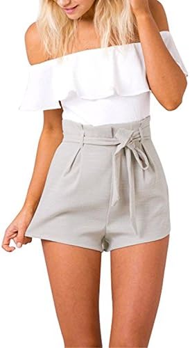 Tomsent Women's Summer Elegant Off Shoulder Backless Romper High Waist Jumpsuit Mini Playsuit Splicing Beach Holiday