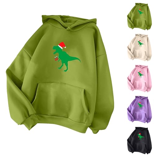 Angxiwan Christmas Hoodies for Women UK Oversized Dinosaur Print Casual Long Sleeve Sweatshirt Hooded Lightweight Sweatshirt
