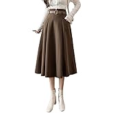 IDEALSANXUN Wool Midi Skirts for Womens High Waisted A Line Pleated Belted Fall Winter Skirts