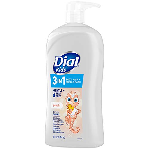 Dial Kids All-in-1 Body + Hair + Bubble Bath, Peach Scent, 32 Fl Oz, Hypoallergenic Body Wash & Shampoo, No Tears Formula for Kids 2+ Years, No Parabens & Silicones