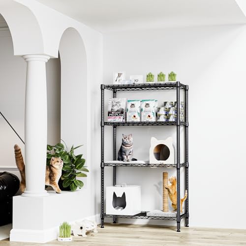 M MZG Metal Shelving Unit with 4 Levels, Load Capacity of 454 kg, Adjustable Shelves for Garage, Storage, Laundry and Kitchen, Study, Black, 35 x 90 x 151 cm
