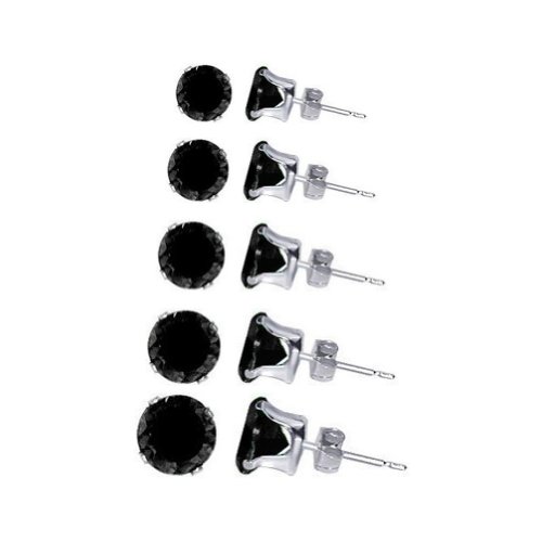 Gem Avenue 925 Sterling Silver 3mm to 7mm Round Black Cubic Zirconia Stud Earrings Set Consist