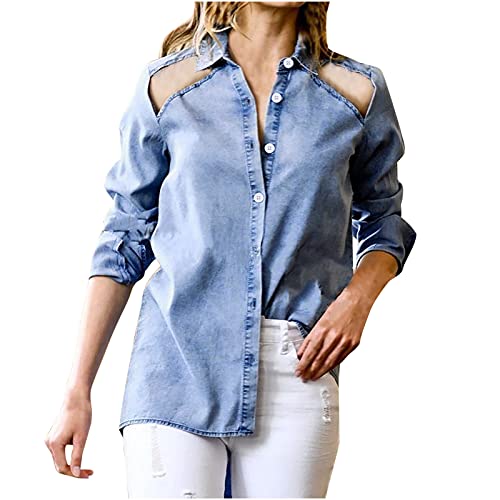 Womens Cold Shoulder Denim Tops Fashion Long Sleeve Lapel Button