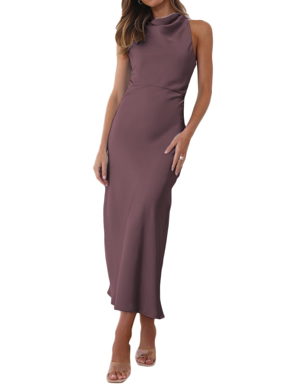 Photo 1 of xs  Halfisland Summer Satin High Neck Backless Sleeveless Midi Dresses for Women Elegant Mock Neck High Waist Cross Back Cocktail Dress Grape