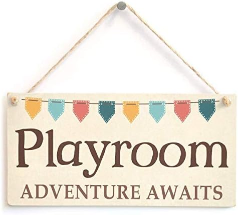 Georgia Barnard Playroom Adventure Awaits Funny Kids Playroom Home Accessory Gift Sign for Family Rooms Home Decor 10 x 5 Inch Wood Sign Decorative Sign