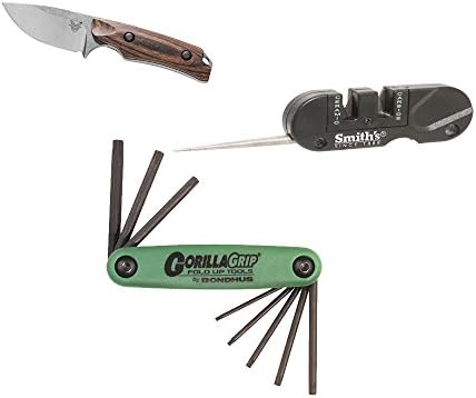 Benchmade Hidden Canyon Hunter Knife (Wooden Handle, Fixed Blade) with Knife Sharpener and GorillaGrip Fold-Up Key Set