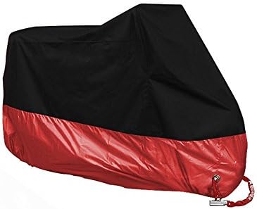 Motorcycle Cover, JUNLRAN Waterproof Outdoor UV Protector Covering Motorbike Protective Breathable Cover with Aluminum Lock Holes &amp; Buckle (Black+Red)