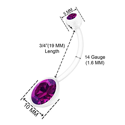 Flexible Bioflex Extra Long Pregnancy Belly Button Ring 14 gauge 19mm Amethyst Crystal Navel Piercing Stud 1201