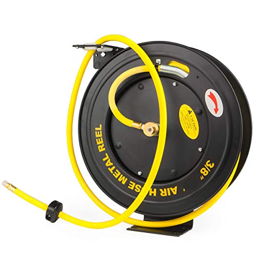 XtremepowerUS Auto-Rewind Retractable 100-Feet x 3/8-Inch Air Hose Reel with Rubber Hose Spring Driven Auto Rewind 3/8 in x 100 ft, 300PSI