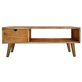 Hogar24.es-Mesa televisión, mueble tv salón diseño vintage, cajón y estante, madera maciza natural, fabricación artesanal. 100 cm x 40 cm x 30 cm
