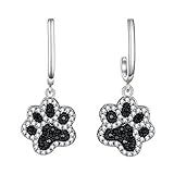 FANZE Women 925 Sterling Silver Cute Cubic Zirconia Puppy Paws Footprint Dangle Pierced Earrings Black and White