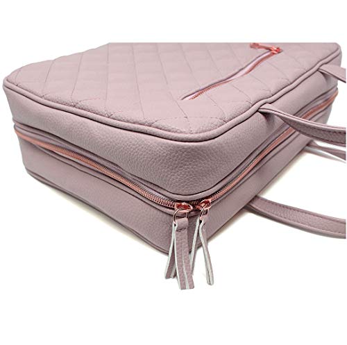Leather Toiletry Travel Bag for Women - Large Cosmetic Size with 4 Pockets - Rose Gold Hardware and Satin Interior - Dusty Pink