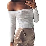 Gobought Womens Slim Off Shoulder Long Sleeve Rib-Knit Crop Pullover Tops (M, White)