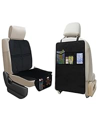 Lebogner Protector de asiento de coche + alfombrilla de patadas Protector de asiento trasero de coche con 3 bolsillos organizadores, fundas de asiento de calidad duradera + protectores de patadas impermeables para proteger sus asientos de piel y tapicería