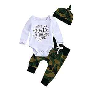 Pasgeboren Baby Jongens Kleding Aint Geen Tante Mama Brief Gedrukt Romper Tops+Camouflage Lange Broek+Hoed 3 STKS…