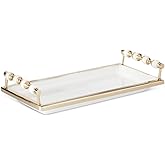 K&K Interiors Rectangular White Ceramic Tray with Brass Rim, 15.25-Inch