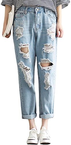 SUGIRLS Women's Casual Distressed Ripped Hole Boyfriend Harem Jeans Denim Pants Light Blue 2XL