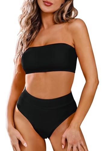 Pink Queen Conjunto de bikini de cintura alta para mujer con correa extraíble, Negro , S