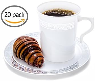 8 Oz Plastic Coffee Mugs With Matching 6 Inch Plates, White With Silver Rim Great For Serving Tea Coffee Or Any Drink. (20)