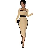 SISKIN Fall Dresses for Women 2025, Long Sleeve Midi Slim Fit Square Neck Color Block Elegant Formal Business Casual Dresses